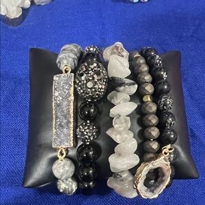Black and Gray Beaded Stackable Bracelet Set - Women Jewelry